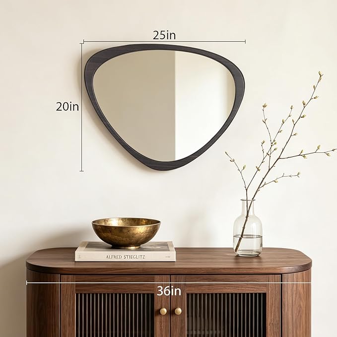 HOMECOOKIN 25" H x 20" W Asymmetrical Mirror, Irregular Wooden Wall Mirror for Bedroom, Living Room,Entryway– Mid-Century Modern Decorative Mirror, Solid Wood Frame, Pebble Shaped Design (Dark Brown)