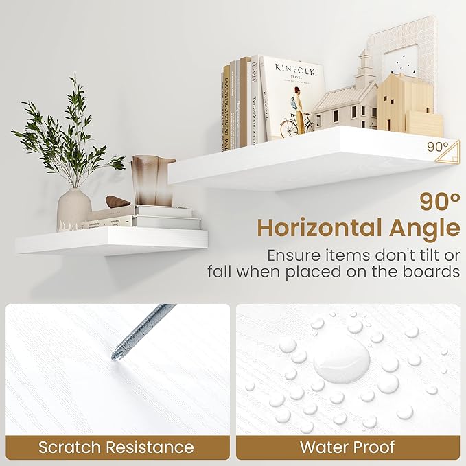 Fun Memories White Floating Shelves 36 Inch Long, 9.3 Inch Deep Floating Shelf 2 Pack for Wall Bathroom, Living Room, Kitchen, Large Long Wall Shelves with Heavy-Duty Bracket for Books Decor