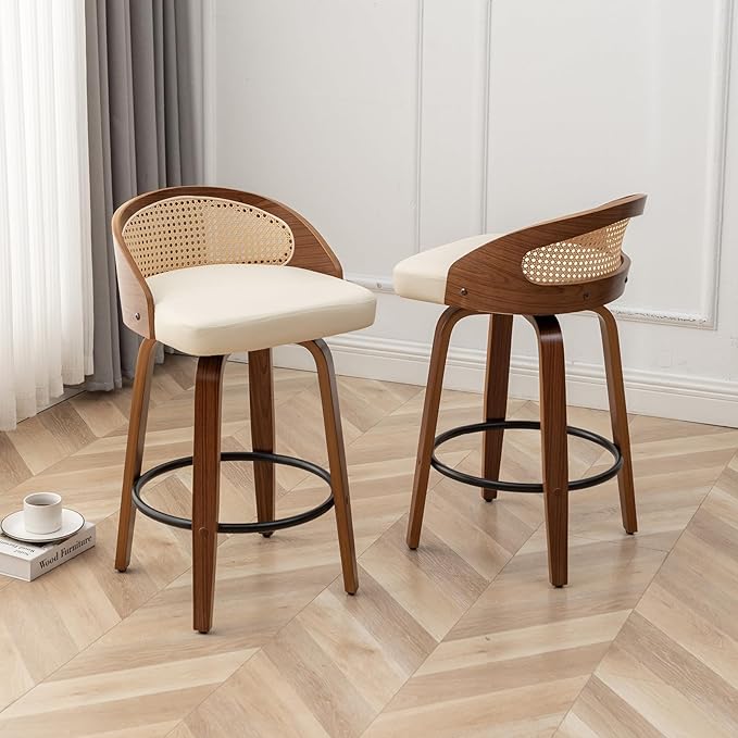 26" Swivel Rattan Bar Stools,Mid-Century Modern Beige Leather Upholstered Counter Height Stools,Kitchen Island Barstools with Rattan Low Backrest,Walnut Wood Finish Bar Chair,1PCS