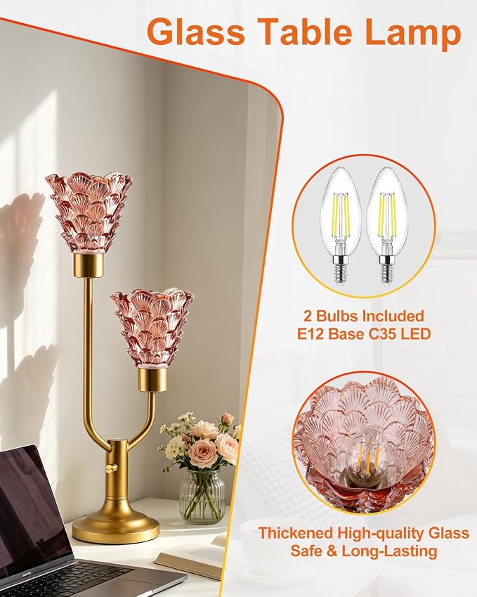 Lightdot Mid Century Modern Table Lamp for Living Room Dimmable Vintage Gold Desk Lamp Red Glass Nightstand Lamp 2 Bulbs Included Warmwhite Ambient Bedside Lamps for Bedroom Home Office Decor Gift