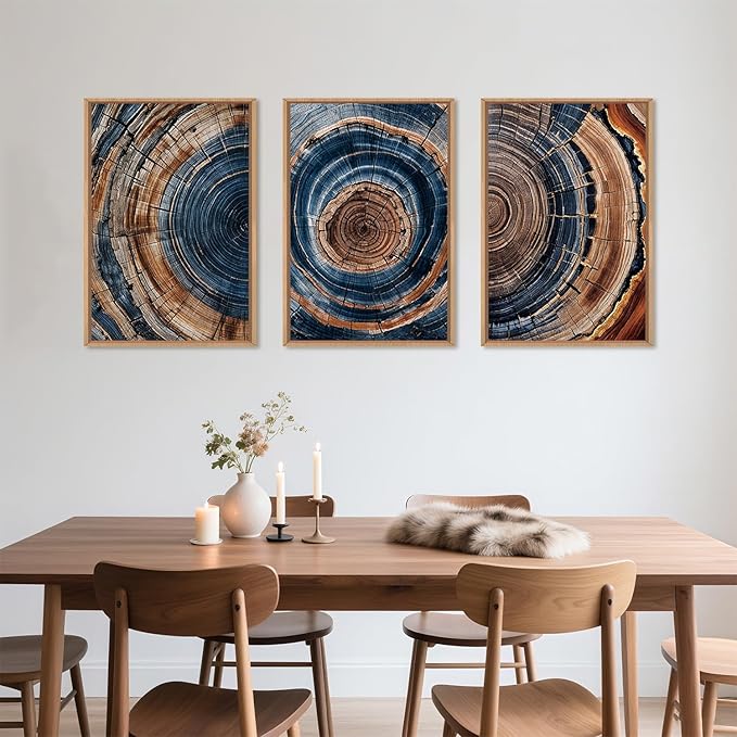 Colorful Tree Rings Framed Canvas Wall Art Set,Abstract Blue and Brown Wood Grain Wall Decor,Nature Modern Annual Ring Texture Artwork for Living Room,Bedroom-16 x24 x3