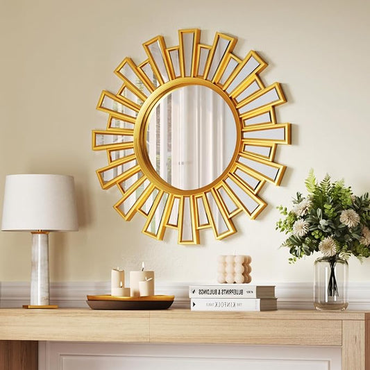24"x24" Round Wall Decor Mirror, Gold Sunburst Mirror, Wall Art with Metal Frame for Entryway, Bathroom, Vanity, Living Room