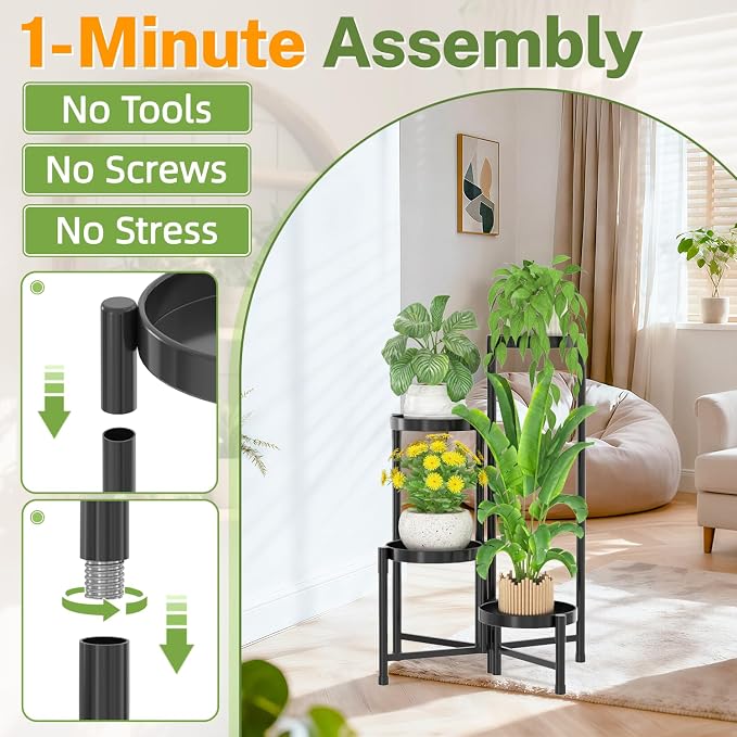 iDavosic.ly Plant Stand Indoor Outdoor, 4 Tier Corner Metal Flower Display Holder Shelf, Folding Tall Orchid Rack for Patio Balcony Porch Garden Living Room House, Black