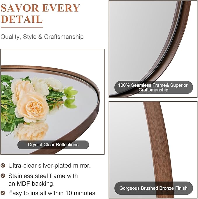 ANDY STAR Brushed Bronze Oval Mirrors for Bathroom, 24x36 Inch Bronze Stainless Steel Metal Framed Oval Wall Mirror, Modern Vanity Mirror Wall Mount Horizontal or Vertical