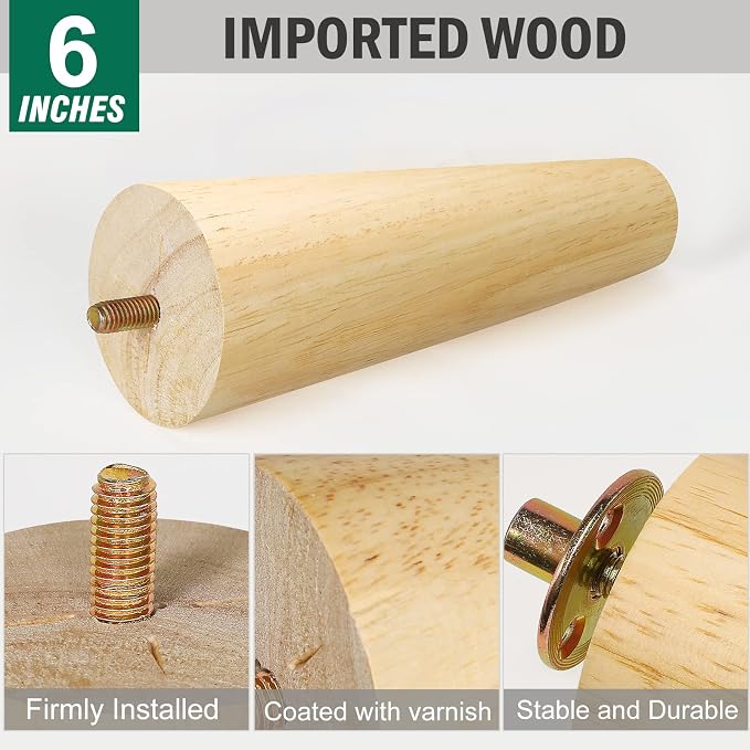 FoDau770 Rubber Wood Furniture Legs 6 Inches, 5/16" UNC Straight Tapered Wood Feet Mid Century Sofa Legs, Wooden Furniture Feet Replacement Parts for Cabinet Couch Dresser Chair Ottoman Table