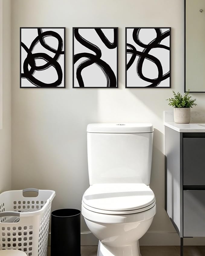 KUVIOKE Black and Grey Abstract Framed Wall Art Minimalist Ink Wash Lines Painting Artwork for Bedroom Hallway 11x14in (Black Framed)