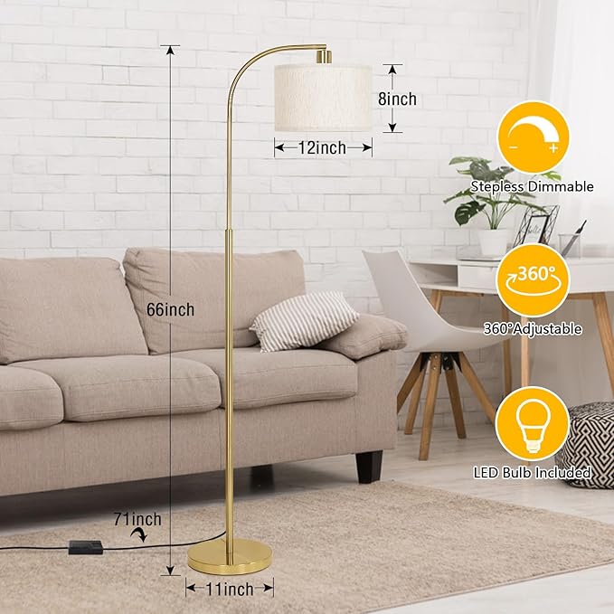 LED Floor Lamp Fully Dimmable Modern Standing Lamp Arc Floor Lamp with Adjustable Drum Shade, Tall Pole Reading Lamp Light for Living Room Bedroom Study Room, Bulb Included