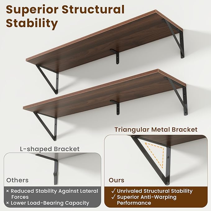 Floating Shelves for Wall,48" Wx8 D Wood Wall Shelves,Hanging Storage Floating Shelf with Metal Brackets,Wide Floating Bookshelf for Living Room,Office,Bedroom,Bathroom,Set of 2,Walnut
