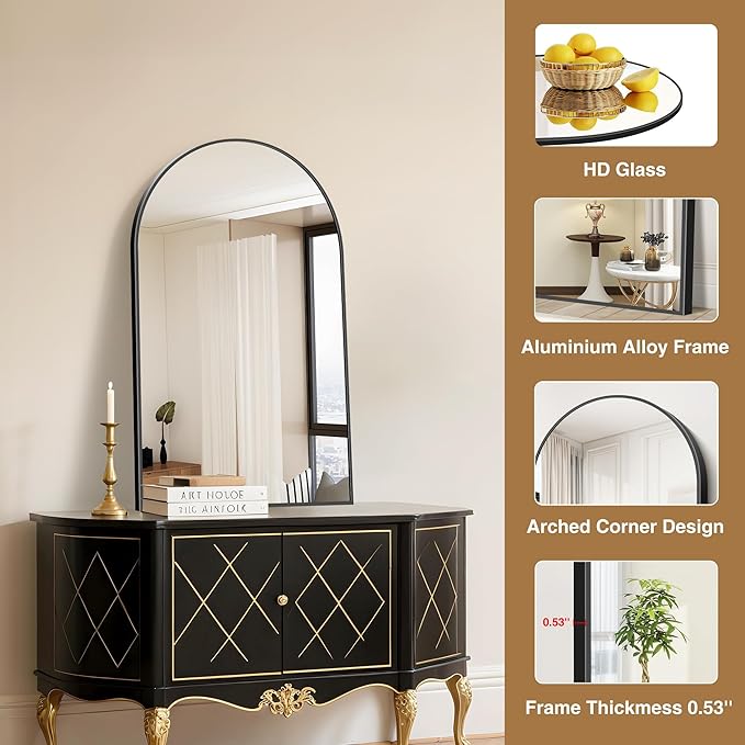 Arched Mirror, 24’’x40’’ Black Arch Mirror for Bathroom, Arched Bathroom Mirror with Frame, Modern Wall Mounted Mirror for Over Sink Mantle Bedroom Vanity Living Room Entryway
