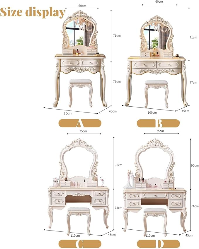 Dressing Table,Vanity Desk with Drawers and Cushioned Stool,Makeup Vanity Table Set with Mirror and Light,European Retro(B)