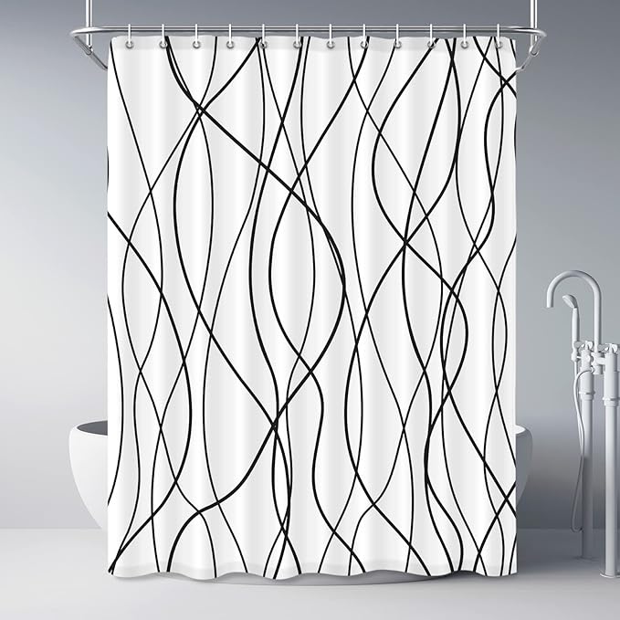 Punkray Black and White Striped Wavy Line Polyester Shower Curtain for Bathroom, Extra Long 84 Inches, Weighted Hem, Waterproof Bath Accessories - Machine Washable