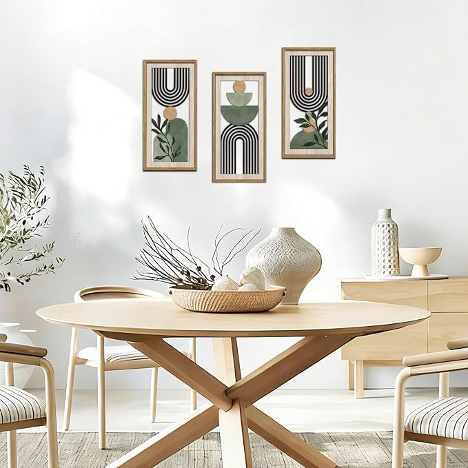 HPNIUB 3 PCS Boho Sage Green Wall Decor, Minimalist Mid Century Geometric Line Hanging Wood Sign for Living Room, 8x16Inch Modern Botanical Leaf Wooden Plaque for Apartment Bedroom Office Decoration