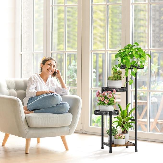 Plant Stand Indoor Outdoor, 4 Tier Metal Flower Pot Shelf Holder Clearance, Tall Corner Rack for Multiple Plants, Modern Organizer Display for Patio Orchid Office Porch Living Room Garden, Black