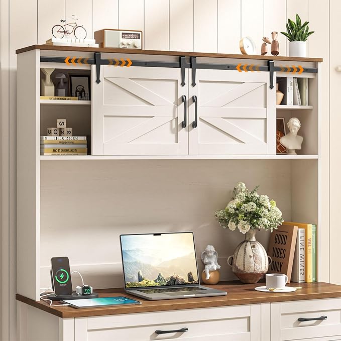 Farmhouse 67" H Executive Desk with Hutch,Office Table with LED light and 4 Drawers,Computer Desk with Charging Station,File Drawers and Storage Cabinet,Workstation for Home Office.Unique White