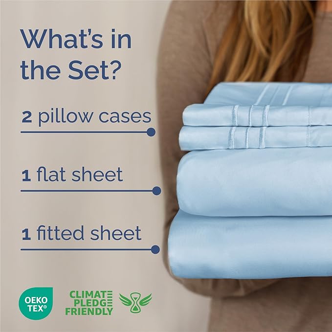 King Size 4 Piece Sheet Set - Comfy Breathable & Cooling Sheets - Hotel Luxury Bed Sheets for Women & Men - Deep Pockets, Easy-Fit, Soft and Wrinkle Free Sheets - Light Blue Oeko-Tex Bed Sheet Set