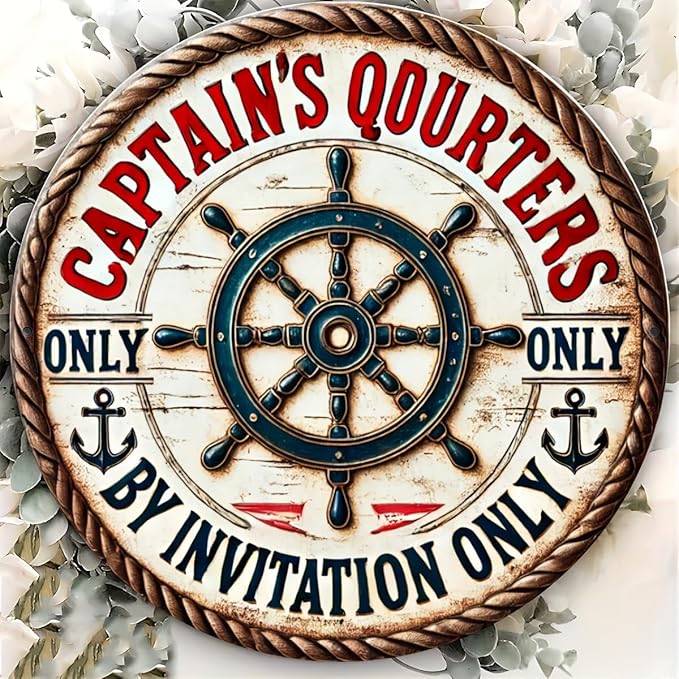Vintage Captain's Quarters Nautical Aluminum Sign, Invitation-Only Maritime Decorative Wall Plaque for Room, Cafe, Garage, Farmhouse - Circular Foil Engraved Metal Decor