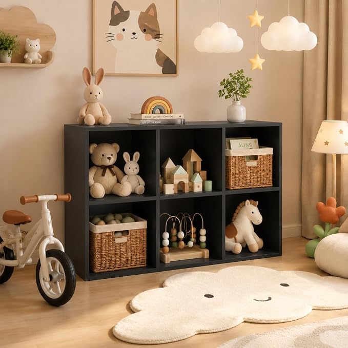 POWERSTONE 6 Cube Storage Organizer, Open Cube Bookshelf with Back Panels, Modern Display Cubby Bookcase for Bedroom Living Room Home Office, Black