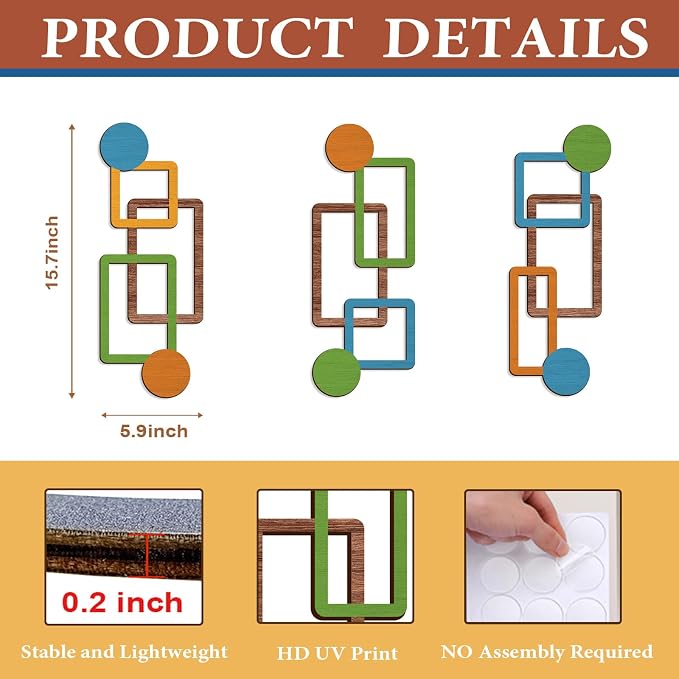 Abstract Wooden Wall Decor, Vertical Linked Geometry Design, Modern Wood Wall Art with HD UV Print, No Assembly Required