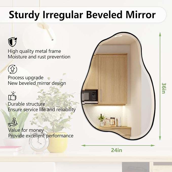 POZINO Irregular Beveled Wall Mirror, 36" x 24" Asymmetrical Vanity Mirror with Metal Frame, Organic Cloud Shaped Mirror for Bathroom Entryway Living Room Bedroom, Horizontal or Vertical Hanging