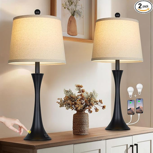 Rinweey 27.5" Table Lamps Set of 2, Touch Bedside Lamps with USB C+A Ports, 3 Way Dimmable Nightstand Lamps for Bedroom, Living Room, Office, Black Lamp with Beige Lampshade, Bulbs Included