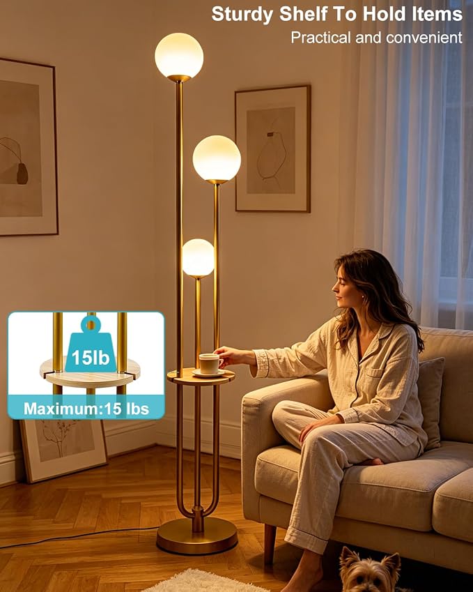 Lightdot Gold Globe Floor Lamp 3-Lights Dimmable Floor Lamps with Tray& Bulbs Included Unique Floor Lamp Modern Standing Lamps with 5Lbs Heavy Base for Living Room/Bedroom//Sofa Beside/Corner Decor