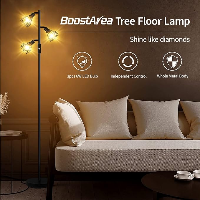 Floor Lamp, Industrial Floor Lamps for Living Room,Tree Standing Lamp Bright with 3 Charm Diamond Head 1200 Lumens Edison Bulbs LED,3 Way Switch,Modern Stand up Lamp for Bedroom Office Farmhouse