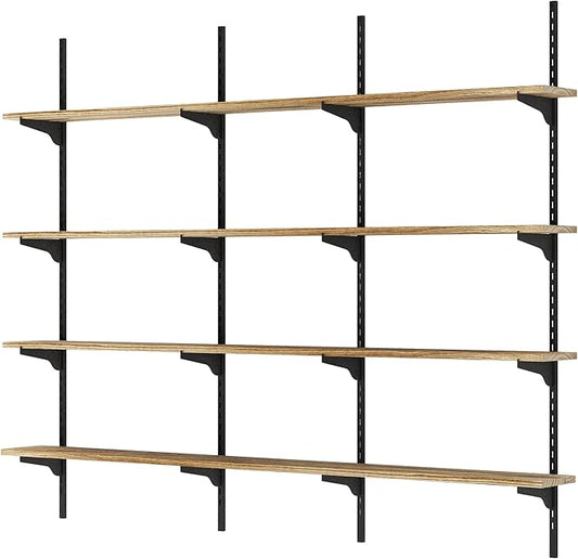 Wallniture Turin 60 Inch Floating Shelf, Adjustable Wall Shelves, Wood Shelving, Wooden Floating Shelves, Wall Mounted Bookshelf, Storage for Living Room, Kitchen, Office, 4 Tier, Burnt Finish