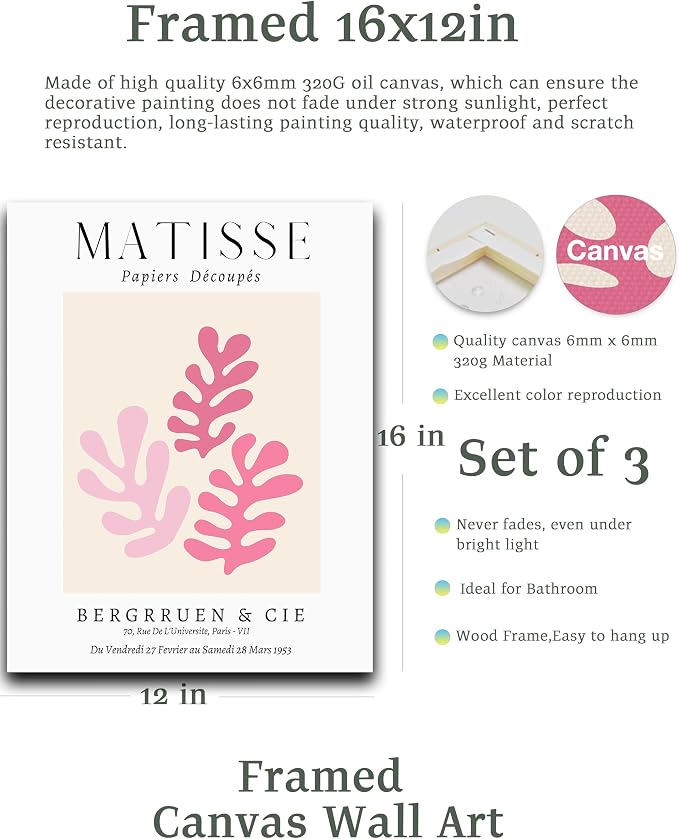 HesenDot Framed Matisse Pink Wall Art Set of 3,Minimalist Wall Decor,12x16IN Canvas Prints,Boho Cute Art Poster Home Decoration for Bathroom Bedroom