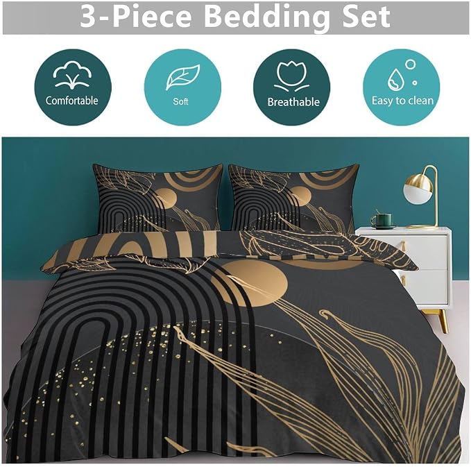 Mid Century Leaf Bedding Set,Dark Black Gold Abstract Tropical Plant Minimalist Modern Geometric Palm Leaf Simple Comforter Duvet Cover Set with Pillowcase for Bedroom Bed Decor,King 102"x90"