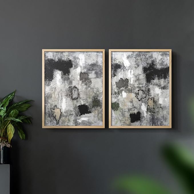 Renditions Gallery Set of 2 Peel & Stick Framed Prints, Abstract Wall Art, Hand Painted Black and White Pattern Wall Decor, Re-Stickable - Ready to Hang - 8"x10" - NATURAL WOOD Frame LT588