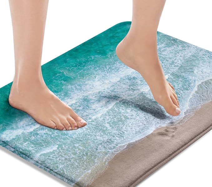 Britimes Bath Mat for Bathroom No Slip Blue Beach Sand Waves Washable Cover Floor Rug Carpets Floor Mat Bathroom Decorations 18x30 inches for Kitchen Bedroom Indoor