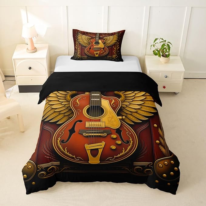 Erosebridal Guitar Toddler Comforter Cover Luxury Angel Wings Guitar Bedding Set Vintage Baroque Style Room Decor Duvet Cover,Youth Rock Roll Music Bed Set