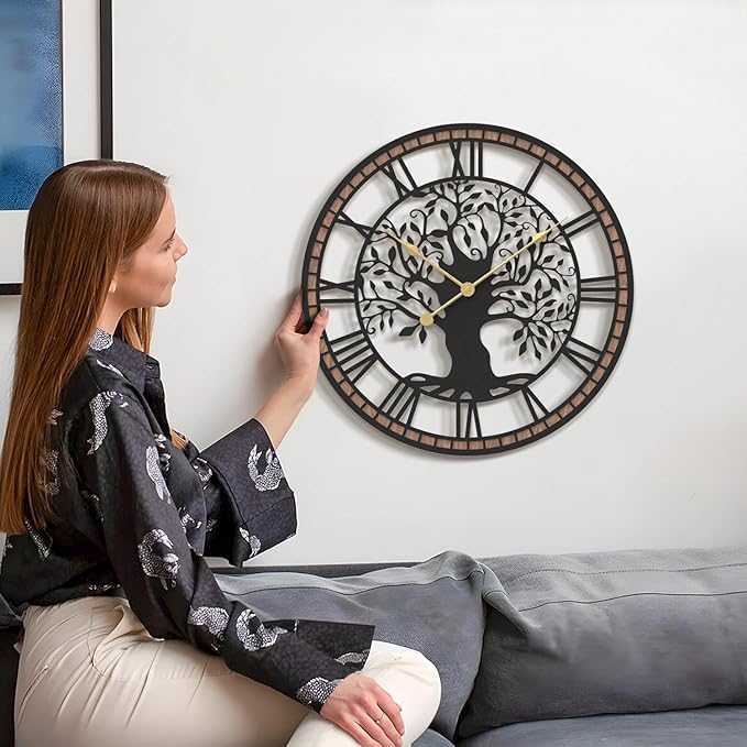 Micasso Wall Clocks Battery Operated: 18Inch Farmhouse Tree of Life Metal with Wood Frame - Rustic Roman Numerals Clock for Office/Living Room/Bedroom/Kitchen - Home Decor for Teen