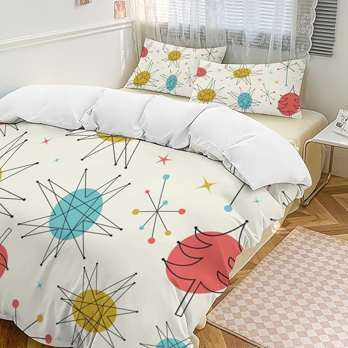 Mid Century Duvet Cover Queen Retro Atomic Bedding Set, Rainbow Grid Comforter Cover Vintage Fifties 1950s Bed Set，Abstract Art Bedding 3 Piece (1 Duvet Cover 86"x70" + 2 Pillow Sham 20"x30")
