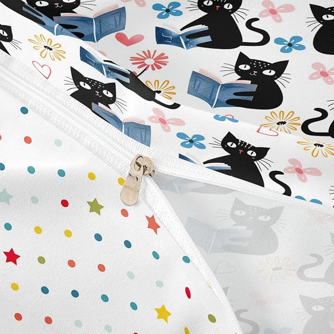 Erosebridal Kawaii Pet Cat Comforter Cover Queen Black Kitten Cat Lovers Bedding Set Trendy Preppy Florals Duvet Cover for Kids Girls Boys Adults Cute Animals Reading Aesthetic Bed Set