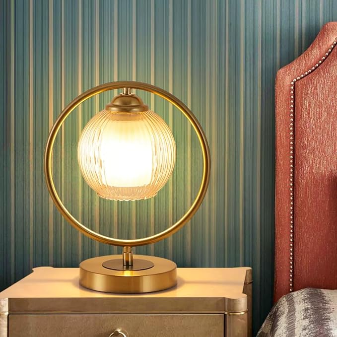 Glass Table Lamp Gold Mid Century Modern Desk Lamp Nightstand Light Round Ribbed Glass Shade Globe Reading Lamp for Bedroom Study Room Office
