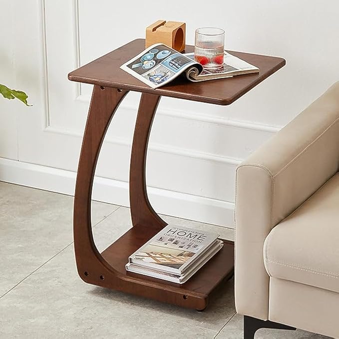COZYMATIC Emerson Solid Wood End Table with Rolling Wheels, C Shaped Side Table, TV Tray Table, Couch Table that Slide Under for Small Space, Living Room, Bedroom (Walnut)-Large