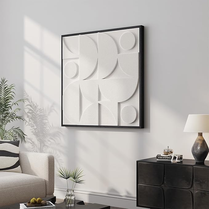 Large 3D Textured Framed White Abstract Wall Art for Living Room, Modern Geometric Sandstone Texture Paintings Artwork for Walls, White Minimalist Pictures for Bedroom Hallway Wall Decor 30x30 In