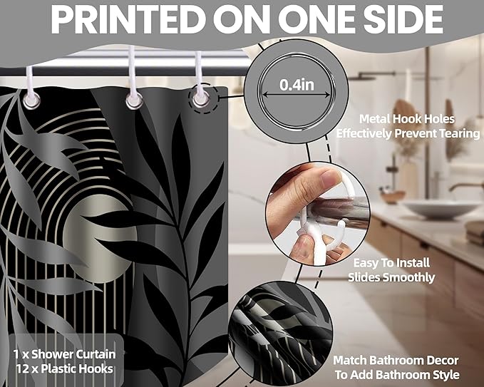 Boho Black and Grey Shower Curtain, Mid Century Modern Black and Gray Shower Curtains for Bathroom, Waterproof Fabric Set with Hooks, 60" W x 72" L (Pack of 1)