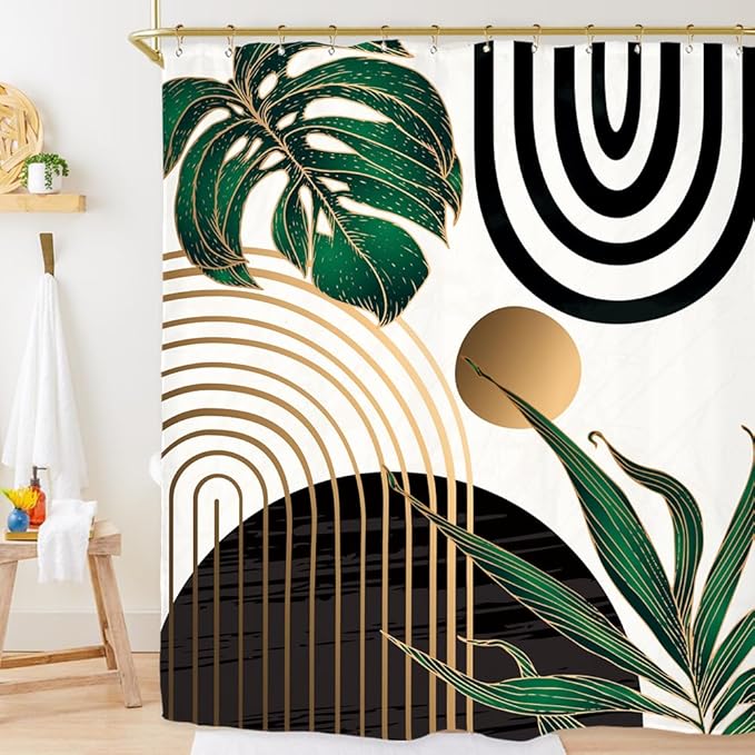 Miyotaa Abstract Emerald Green Shower Curtain Set 71Wx84H Inches Extra Long Minimalist Modern Tropical Leaves Geometric Contemporary Polyester Waterproof Bathroom Curtain with 12 Hooks
