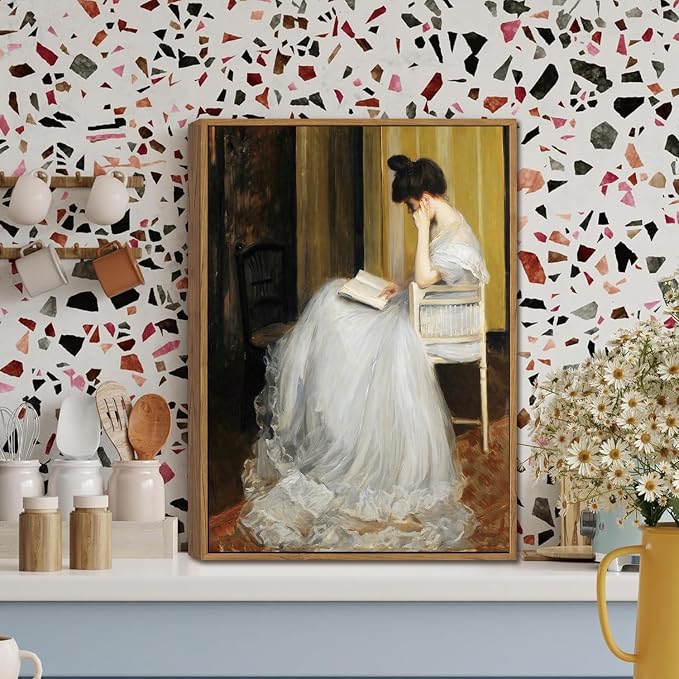 WALLZK Vintage Framed Wall Art Lady Reading Canvas Prints Victorian Women Portrait Decor Pictures Artwork for Walls Living Room Study Bedroom Bathroom 8"x10"