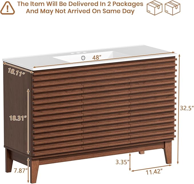 ROOMTEC 48" Bathroom Vanity with Sink, Mid-Century Freestanding Bathroom Vanity Sink with Storage, Undermount Ceramic Sink, Cabinet Particleboard Frame with Wood Grain Laminate, Walnut