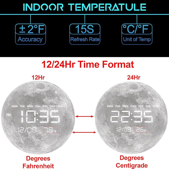 Digital Wall Clock, LED Moon/Earth Design, Temperature Display, 7.87 x 7.87 inches (Moon, 12.59 INCH)