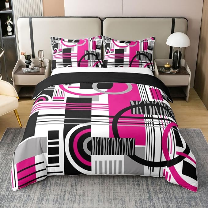 Erosebridal Art Deco Mid Century Duvet Cover Set Retro Modern Abstract Geometric 100% Cotton Comforter Cover Black and White Hot Pink Circles Stripes King Bedding Set, Contemporary Bed Sets
