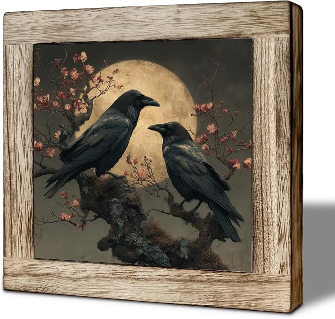 Gothic Raven Couple Moon Wooden Desktop Sign, Dark Academia Crow Wood Plaque Tabletop Decor, Vintage Moody Bird Wooden Sign for Bedroom Living Room Office Shelf