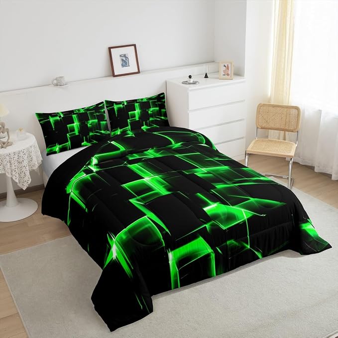 Erosebridal Honeycomb Bedding Set King Size, 3D Modern Abstract Square Grid Comforter for Kids Girls Boys Green Neon Light Geometric Print Bed Set Bedroom Decor, 3 Pieces
