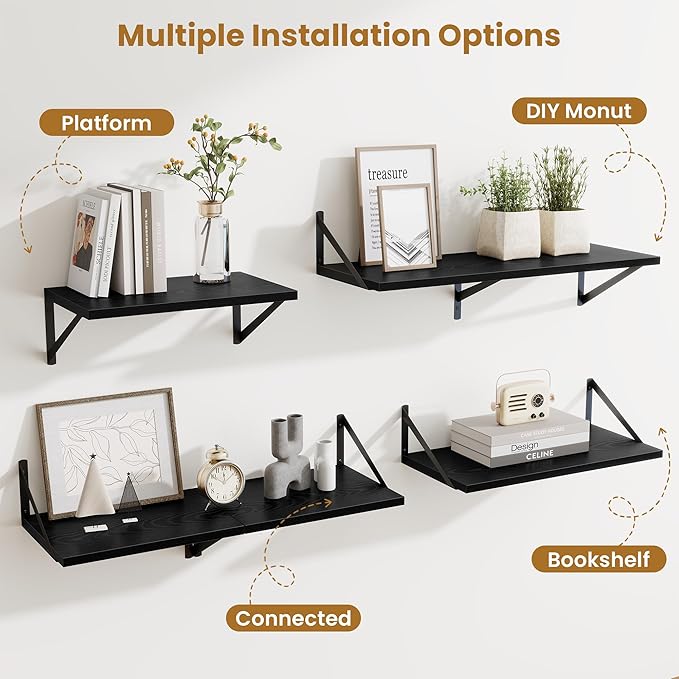 48inch Floating Shelves for Wall,10" Deep Floating Shelves with Metal Brackets,Wall Mounted Hanging Floating Shelf,Wide Display Shelves for Living Room,Bedroom,Office,Kitchen,Black