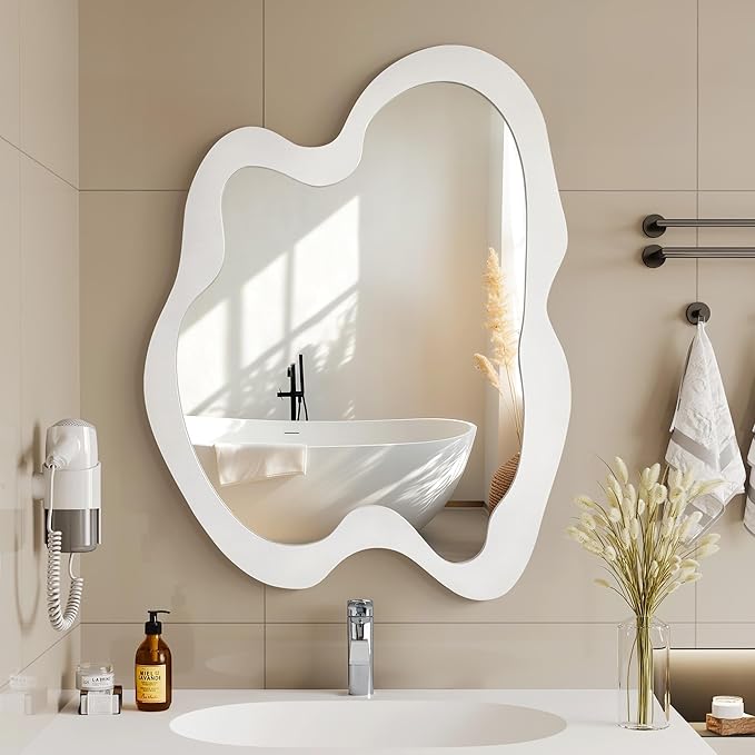 Irregular Wall Mirror - 24" x 32" Asymmetrical Wavy Mirror, Modern Decorative Wall Mirror with Black Wood Frame for Bedroom, Living Room, Entryway, Bathroom, Cloakroom