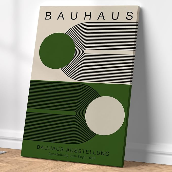 Minimalist Green Bauhaus Wall Art Abstract Geometric Prints Boho Neutral Picture Bauhaus Exhibition 1923 Poster Mid Century Modern Painting Green and Beige Canvas 16x24inch Wood Framed