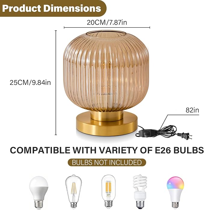 Small Amber Glass Table Lamp: Mid Century Modern Dimmable Nightstand Lamps - Vintage Decor Brass Desk Lamp With Plug - Ribbed Glass Bedside Tables Lamps for Bedroom Living Room Office Bulb Excluded